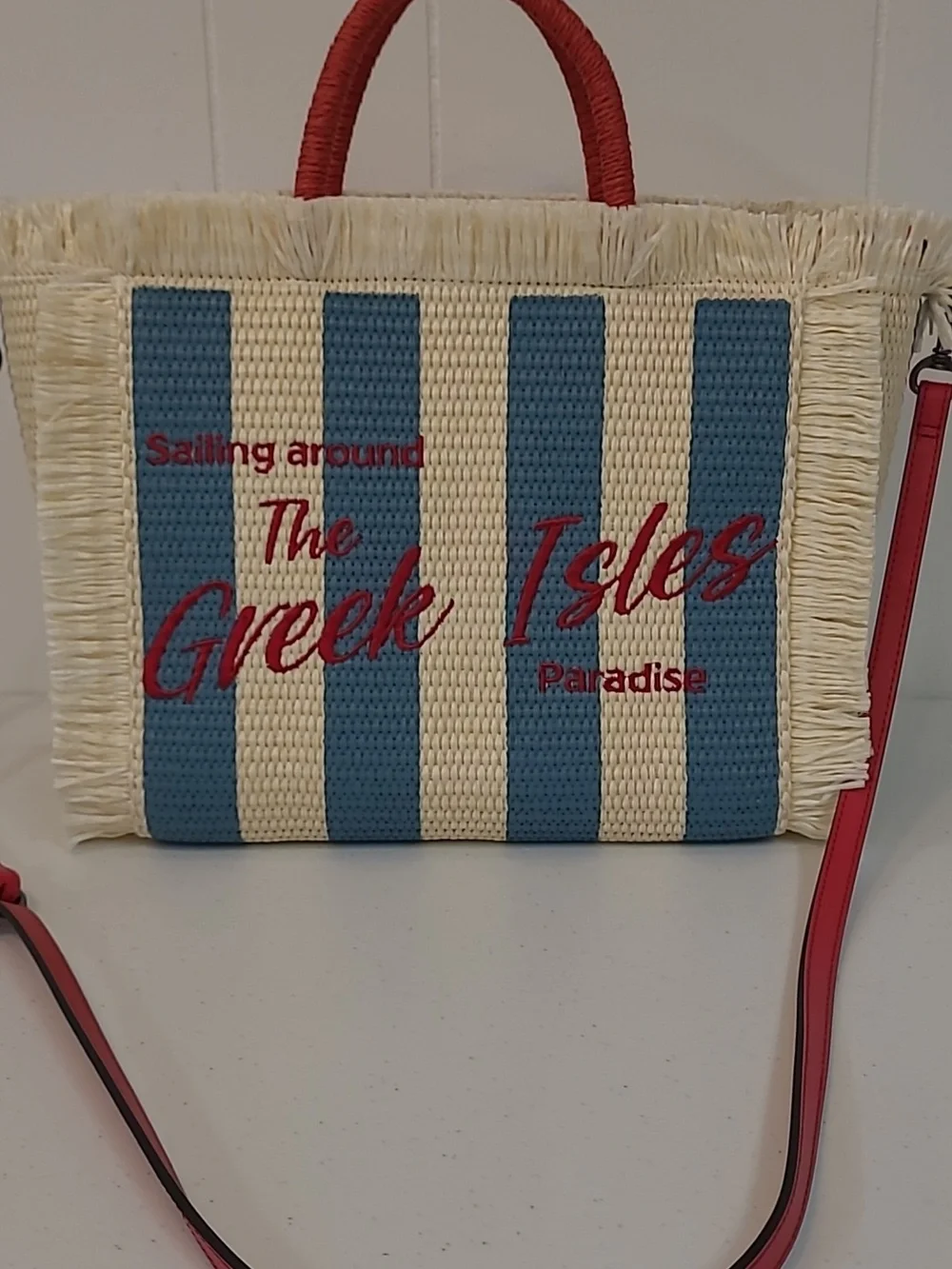 Patricia Nash Greek Isles Straw Tote w Blue Stripes & Red Accent+ CrossbodyStrap